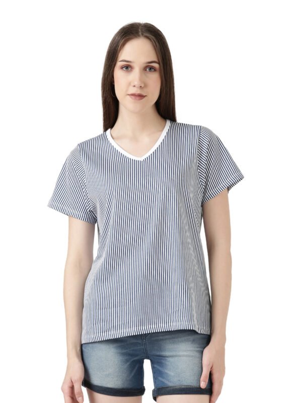 Women V-Neck T-Shirt - Striped